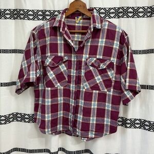 Vintage Y2K‎ Heshy Plaid Button Down Shirt L Short Sleeve 100% Cotton w/ Pads